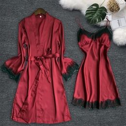 Lace Sexy Women Nightdress Bathrobe Suit Sashes Patchwork Silk Night Dress Pyjamas Home Service Spring 2 PCS x Y200429