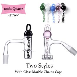 Two Styles Clear Colorful Seamless Quartz Banger Smoking Accessories With Unique Glass Marble Chains Cap Beveled Edge Quartz Bangers Nails FWQB10 17
