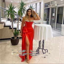 Red Long Mermaid Side Slit Prom Dresses Sleeveless Sliver Bling Sequined Formal Gowns Satin Party Evening Gowns