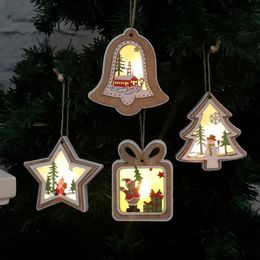 Decorações de pingentes de árvore de Natal Pingentes de madeira Illumined Bells Pacotes de presente