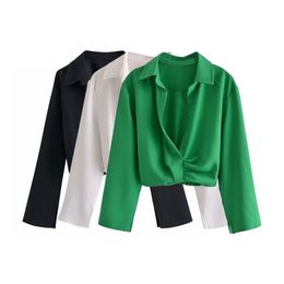 TRAF Women Fashion With Knot Pleated Cropped Blouses Vintage Long Sleeve Elastic Hem Female Shirts Blusas Chic Tops 220812