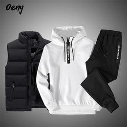 Solid Colour Mens Sportswear Sets Patchwork Zipper Tracksuit Men Casual Hooded Sweatshirt HoodiesVestPants 3PC Jogging Suits 220804