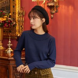 INMAN Autumn Winter Arrivals Women's Sweater Lace Round Neck Retro Pullover Long Sleeve Solid Colour Knitting 201225