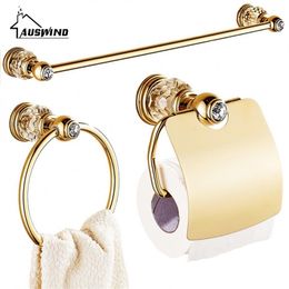 Luxury Zirconium Gold Solid Brass Toilet Paper Holder Polished Towel Bar Crystal Round Base Towel Ring Bathroom Accessories 200923