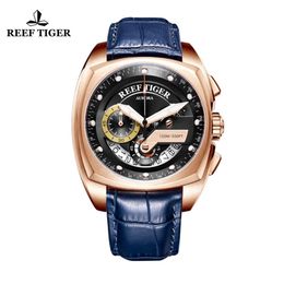 Reef Tiger/RT Mens Sport Watches Genuine Leather Strap Quartz Watches Luxury Rose Gold Waterproof Military Watches RGA3363 T200409