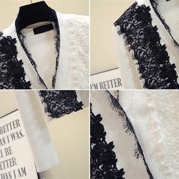 Sweater women autumn and winter arrival lace floral patchwork cardigan women long sleeve v-neck black white tops 201204