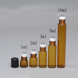 50pcs 1ml 2ml 3ml 5ml Amber Roll On Bottles For Essential Oils roll-on Refillable Perfume Bottle Glass Roller Vials 220726