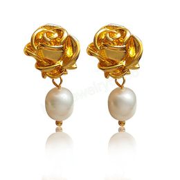 Fashion Jewellery Gold Colour Flower Dangle Earrings Pretty Design Natural Pearl Earrings For Women Gifts