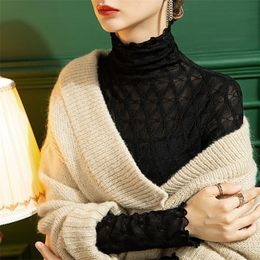 Women's Retro Lace Shirt Wooden Ear Black Perspective Sexy Stretch Top Long Sleeve Turtleneck Woman Tshirts Drop 220527