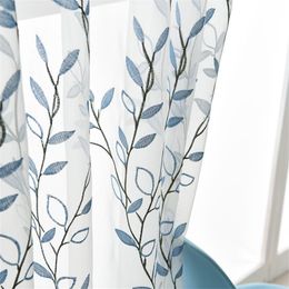 Curtain & Drapes White Tulle Blue Leaves Embroidered Curtains For Living Room Bedroom Transparent Sheer Drape WindowCurtain
