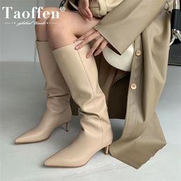 Taoffen Size 3343 Women Genuine Leather Knee High Boots Pointed Toe Thin Heel Slip On Party Club Winter Ladies Footwear 220813