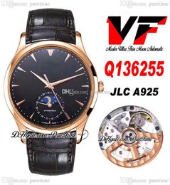 VF V3 Master Ultra Thin Moon Q136255 JLC A925 Automatic Mens Watch Rose Gold Black Dial Silver Stick Markers Brown Leather Correct Moon Phase Super Edition Puretime