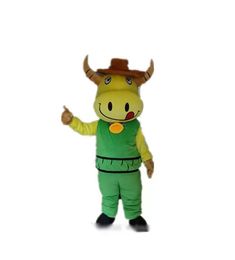 Factory Outlets hot a yellow cattle mascot costume wear green suit with a small bell for sale