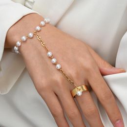 Link Chain Fashion Imitation Pearl Bracelet Connected Gold Wide Ring Jewelry Female Finger Wrist Hand Harness Bangle Accessories Fawn22