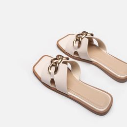 Slippers Women Summer Luxury 2022 Brown Square Toe Metal Chain Casual Flat Sandals Brand Woman Beach Shoes Plus Size 41Slippers