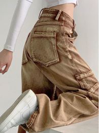 Women's Jeans QWEEK Y2K Brown Cargo Pants Women 90s Vintage Grunge High Waist Baggy Streetwear Wide Leg Loose Denim Trousers Female