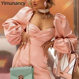 Yimunancy Autumn Puff Sleeve Dress Women V Neck High Waisted Bodycon Dress Ladies Long Sleeve Pink Party Dress Vestidos Robes T200319