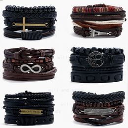 Vintage Braid Wood Bead Strand Leather Wrap Bracelet Bangle Cuff Jesus Cross Owl Leaf Tree of Life Infinity Charm Bracelets for Men Women Fashion Jewellery set