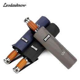 LEODAUKNOW Business three folding fully automatic black glue Uv proof windproof luxury car men s sunny and rainy umbrella 210320