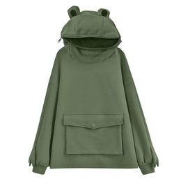 Frosch Hoodie Harajuku Sweatshirt Damen Sweet Japan Top Kreative Nähte Niedliche Frösche Pullover Tasche Tot Verkaufen 210924