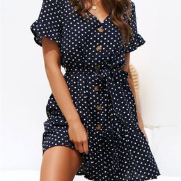 Women Summer Beach Chiffon Dress Casual Short Sleeve Polka Dot Dress Boho Mini Party Dress Elegant V Neck Sundress Vestidos 220705