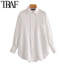 TRAF Women Chic Fashion Office Wear Pockets Loose Blouses Vintage Lapel Collar Long Sleeve Female Shirts Chic Tops 210326