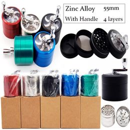 Wholesale 4 Layers 55mm Diameter Herb Grinder Smoking Accessories Zinc Alloy Tobacco With Handle Material Oil Dab Rigs Five Colours GR172