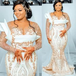 Plus Size Mermaid Evening Dresses Long Sleeves 2022 Scoop Neck Beaded Lace Applique Sequins Sweep Train Ruched Satin Custom Made Prom Gown vestidos