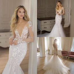 Julie Vino 2022 Mermaid Beach Wedding Dresses Long Sleeve Bridal Gowns Deep V Neck Lace Appliqued Custom Made Vestido De Novia