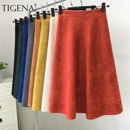 TIGENA Suede Midi Skirt Women Fashion 2019 Autumn Winter Korean Knee Length A line High Waist Skirt Female Casual School T200712