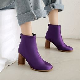 Rimocy Winter Silk Leather Ankle Boots for Women Fashion Zipper Round High Heels Purple Boots Woman Plus Size Ladies Shoes 201031