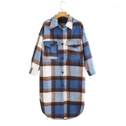 Women's Wool & Blends Autumn Plaid Woolen Coat Women 2022 Casual Single-breasted Loose Long Shirt Jackets Female Retro British Warm Trench