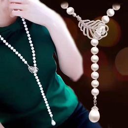 feather chains UK - Chains Hand Knotted 8-9mm White Shell Pearl Micro Inlay Zircon Feather Accessories Necklace Sweater Chain 90-95cmChains
