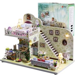 DIY Doll House Wooden Doll Houses Miniature Dollhouse Furniture Kit with Led Toys for Children Birthday Gift LJ201126