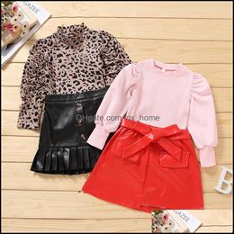Clothing Sets Kids Girls Outfits Children Knitted Leopard Topsandpu Leather Skirts 2Pcs/Set Winter Spring Autumn Mxhome Dhz7Q