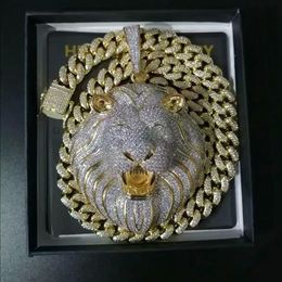 Real 14k Gold Jewellery Mens Iced Out Big Lion Head Pendant with Cuban Link Chain Hip Hop Necklace Rapper Fashion Accessories229O