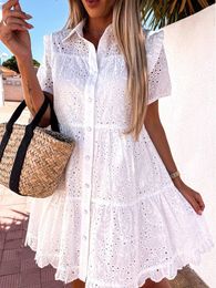 Vestido de manga curta de verão casual, vestido solto, sexy bordado flores ocaso mini mulheres elegantes camisa de camisa es 220602