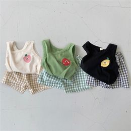 Faceus Summer Toddler Boys Clothes Set Soft Sleeveless Vest Tops Plaid Pp Shorts Baby Girls Clothing Set Baby Suit 220425