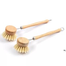 Natural Wooden Long Handle Pan Pot Brush Dish Bowl Washing Cleaning Brush Heads Household Kitchen Cleaning Tools