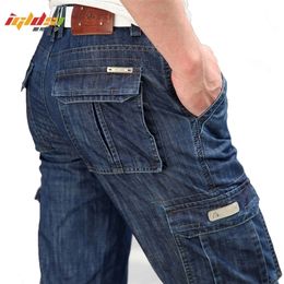 Men's Military Jeans Pants Workwear Multi-pockets Cargo Straight Motorcycle Denim Casual Biker Long Trousers 220328
