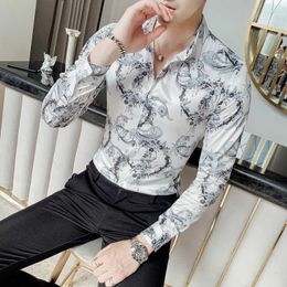 Men's Casual Shirts Brand Men Shirs Luxury Vintage Print Long Sleeve Slim Shirt Social Nightclub Party Streetwear Male Clothing Chemise