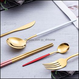 Flatware Sets Kitchen Dining Bar Home Garden Stainless Steel Gold Glossy Round Hanglde Dinnerware S Dhdkp
