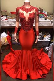 Red Jewel Neck Long Prom Dress Appliques Graduation Dresses Mermaid Birthday Party Gowns African Celebrity Gown Robe De Bal