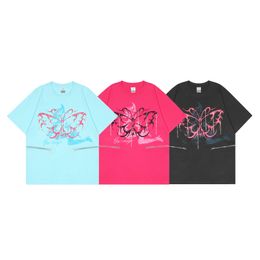 New Mens T-Shirts Casual Butterfly Print Painting Abstract Top Loose Fashion American Retro Simple Solid Color Short Sleeve Large Size Street Style Clothes