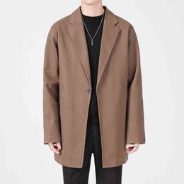 Men's Wool & Blends 2021 Autumn And Winter Fashion Men Casual Long Loose Windbreaker Jacket Male Solid Colour Single Breasted Trench Slim Coa T220810