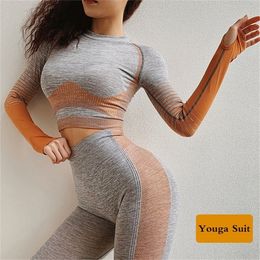 2 Pcs Seamless Workout Clothes for Women Leggings Sport Fitness Long Sleeve Crop Top Gym Pants Tights Suits for Yoga Sportswear T200115