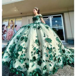 Green Quinceanera Dresses 2022 Off Shouder Beads Appliques Ball Gown Sweet16 Dress Lace-Up Vestidos De 15 Anos Handmade 322