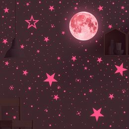 3D Pink Moon Luminous Wall Stickers for Kids Rooms Home Decor Bedroom DIY Art Fluorescent Decals Stars Glow In The Dark 220607