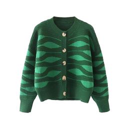 Women's Knits & Tees Cardigan Sweater 2022autumn Winter Green Striped O-neck Warm Long-sleeved Women Fashion Street Elegant Youth SweaterWom