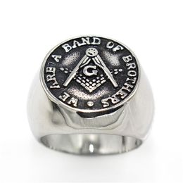 316 stainless steel Men's rings AG Gift Jewel Retro silver antique black square compass freemason masonic ring gifts with words WE ARE A BAND OF BROTHERS